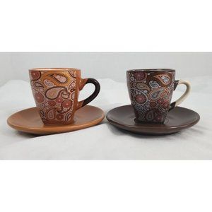 Krystallo Tov Lev Brown Paisley  2 Espresso Cup And Saucer Retro Square Bottom